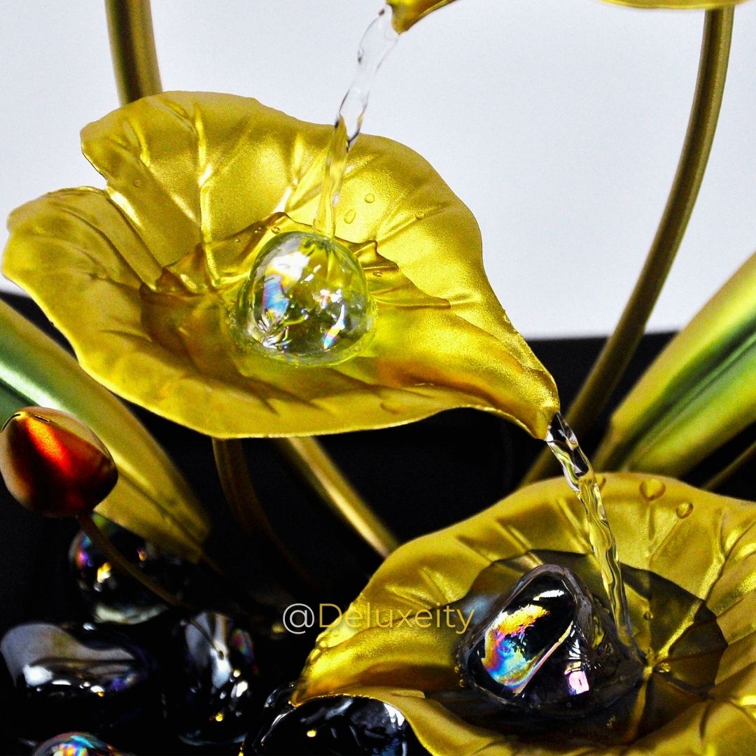 Golden LED Lotus Table Fountain – Modern Water Feature with Ambient Lighting for Home & Office Decor