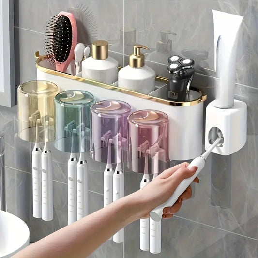 Mounted Toothbrush Holder Set – Drill-Free Self-Adhesive Bathroom Organizer with Rinse Cups (Family Pack for 4)