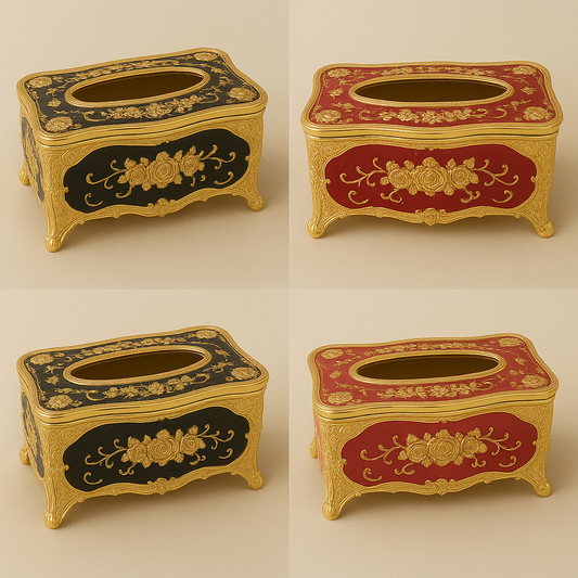 Luxury Royal Gold Tissue Box Holder – Vintage Decorative Organizer with Black & Red Base