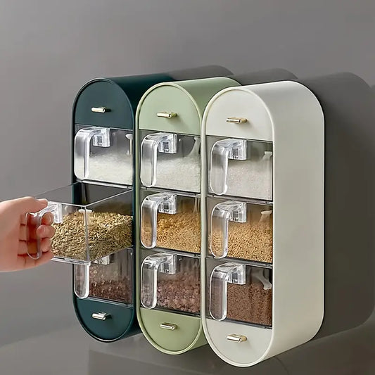 Mounted Spice Rack – No-Drill Kitchen Organizer with 5 Compartments, Clear Lids & Spoons