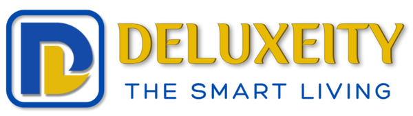 Deluxeity logo with text 'The Smart Living' on a white background