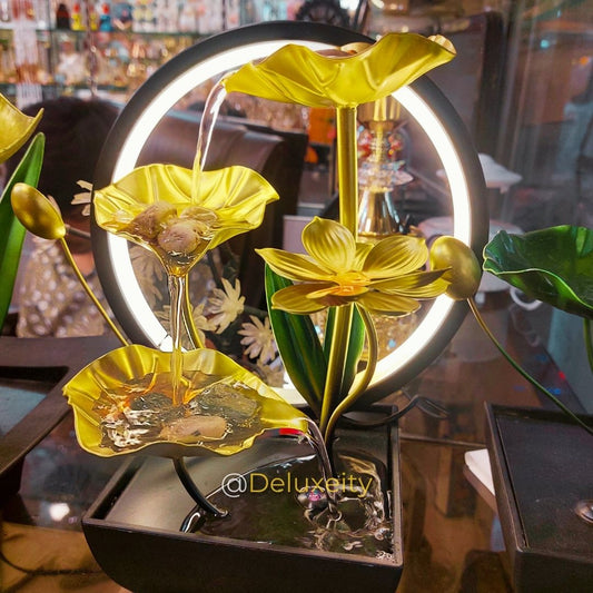 Golden LED Lotus Table Fountain – Modern Water Feature with Ambient Lighting for Home & Office Decor