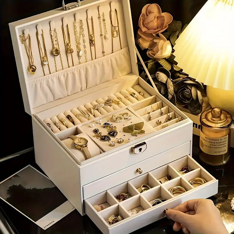 Layers Elegant Faux Leather Jewelry Box with Lock – Large Capacity Organizer with Removable Trays & Soft Drawers