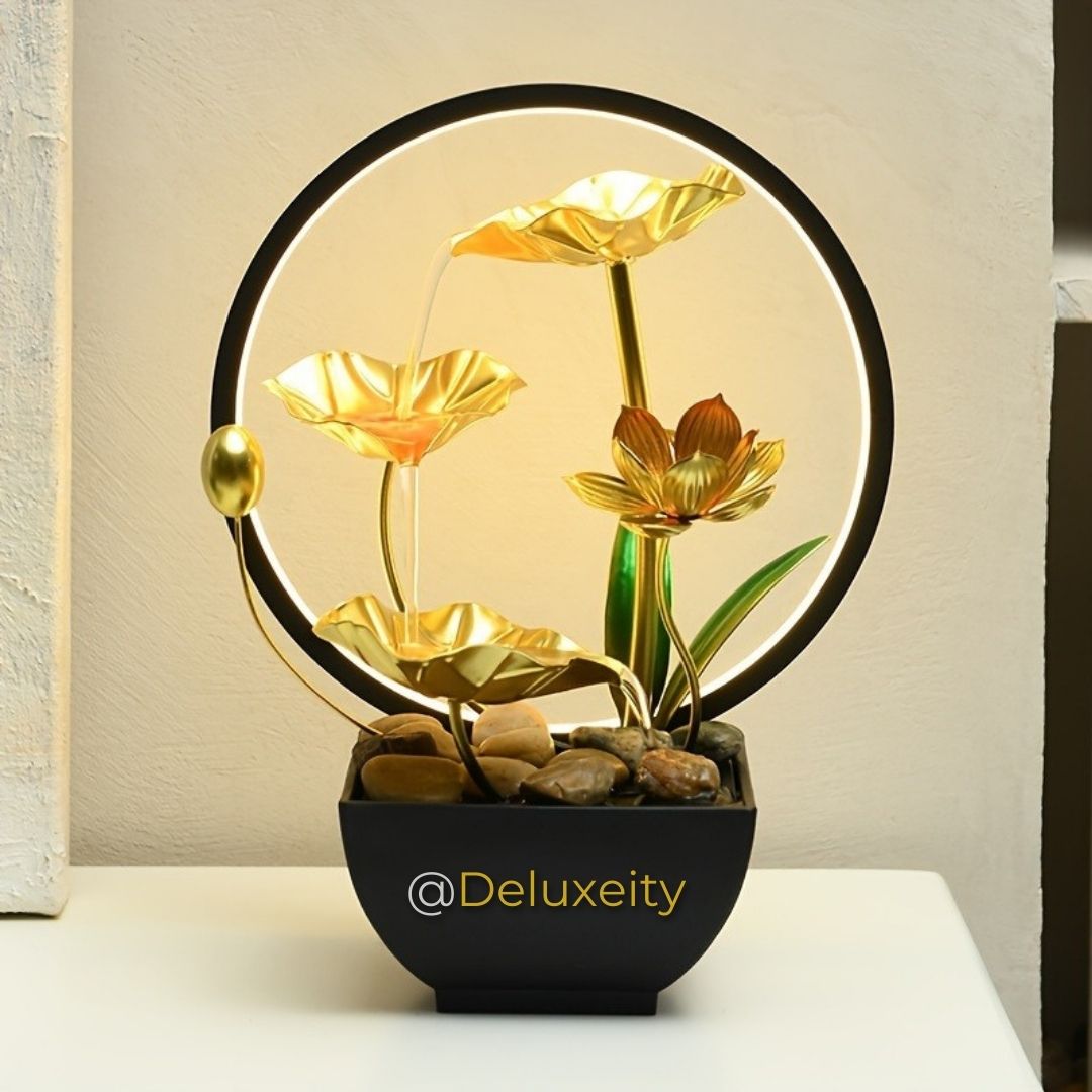 Golden LED Lotus Table Fountain – Modern Water Feature with Ambient Lighting for Home & Office Decor