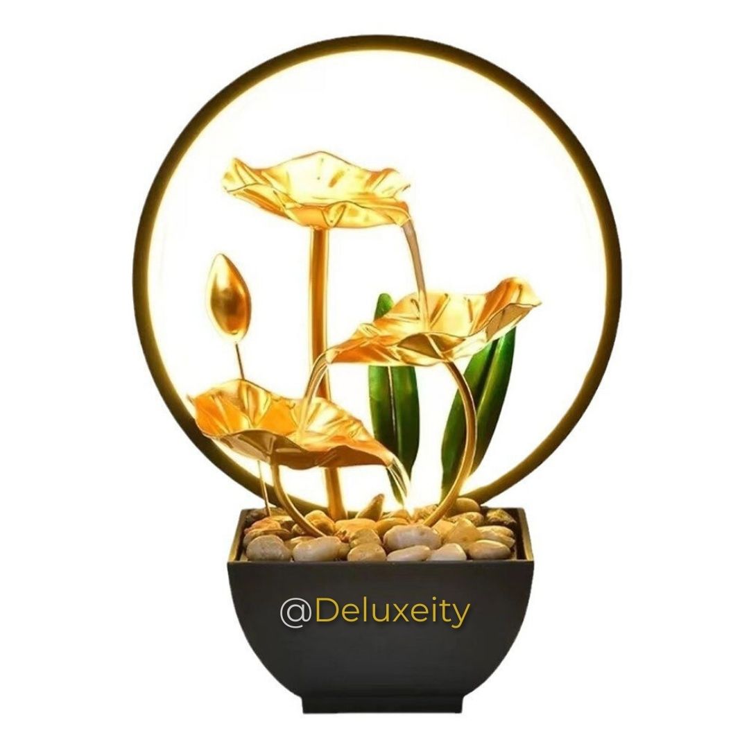 Golden LED Lotus Table Fountain – Modern Water Feature with Ambient Lighting for Home & Office Decor