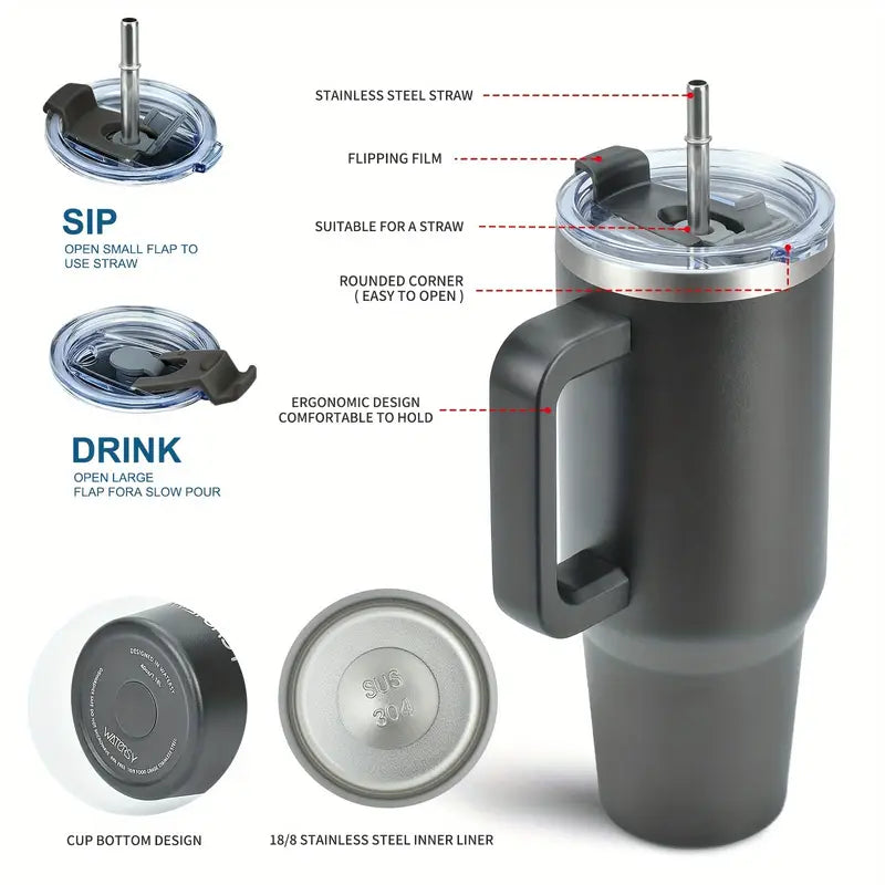 WATERSY Leakproof Insulated Tumbler – With Handle, Straw, & 2-in-1 Lid | Stainless Steel Travel Mug