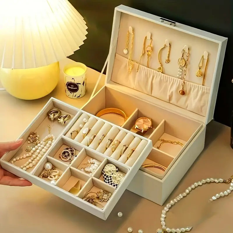 Layers Elegant Faux Leather Jewelry Box with Lock – Large Capacity Organizer with Removable Trays & Soft Drawers