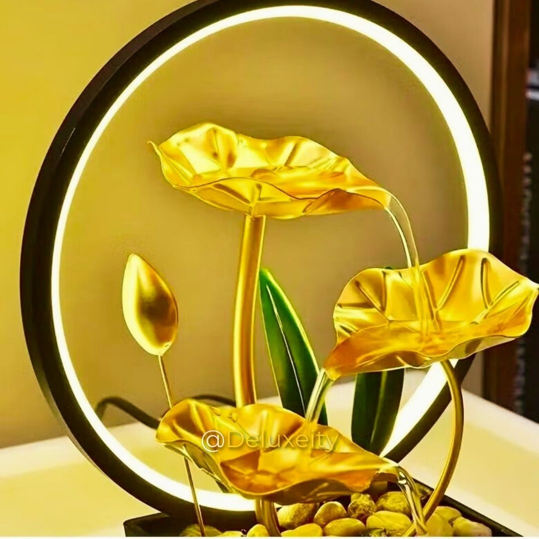 Golden LED Lotus Table Fountain – Modern Water Feature with Ambient Lighting for Home & Office Decor