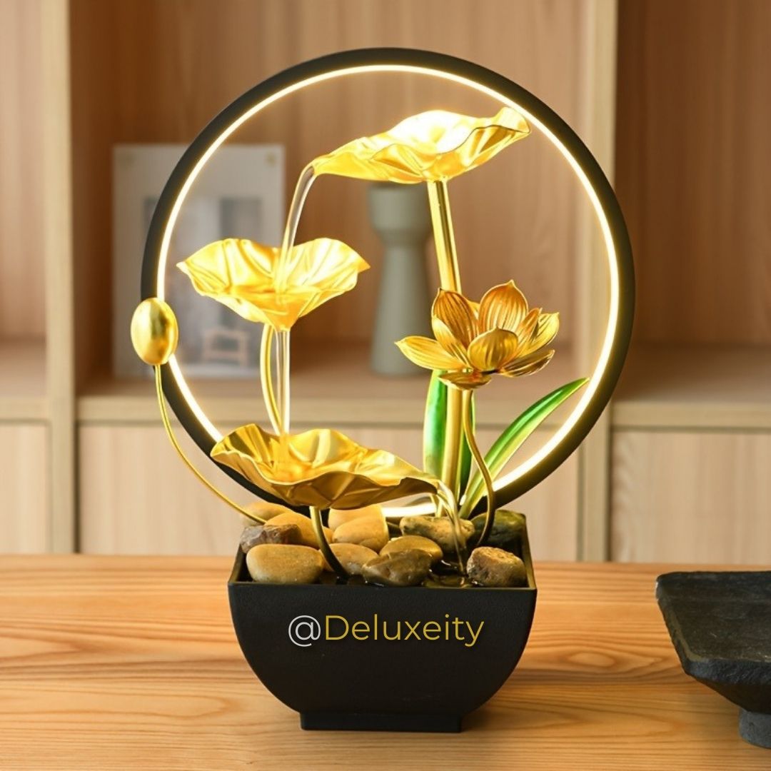 Golden LED Lotus Table Fountain – Modern Water Feature with Ambient Lighting for Home & Office Decor