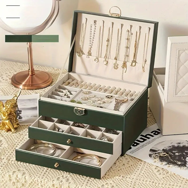 Layers Elegant Faux Leather Jewelry Box with Lock – Large Capacity Organizer with Removable Trays & Soft Drawers