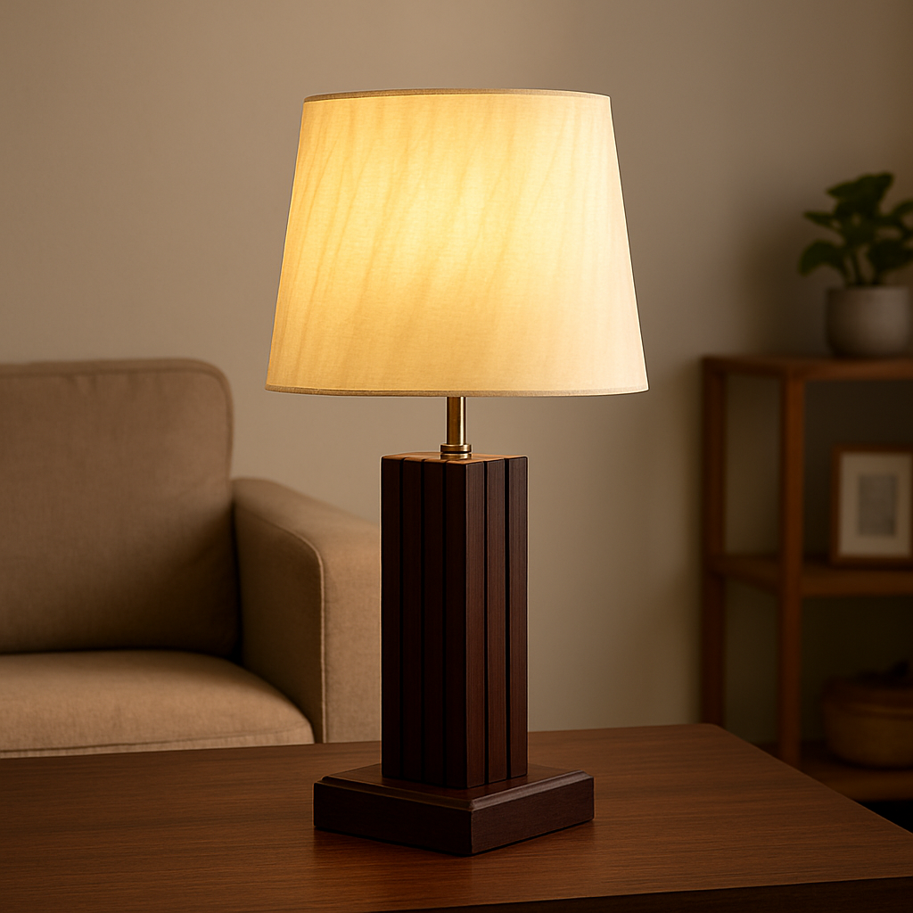 Dark Brown Wooden Table Lamp with Warm Shade – Modern Elegance  Description: