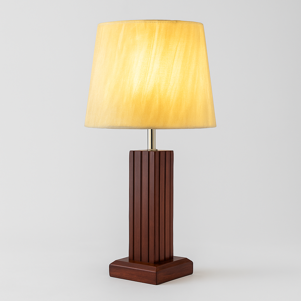 Dark Brown Wooden Table Lamp with Warm Shade – Modern Elegance  Description: