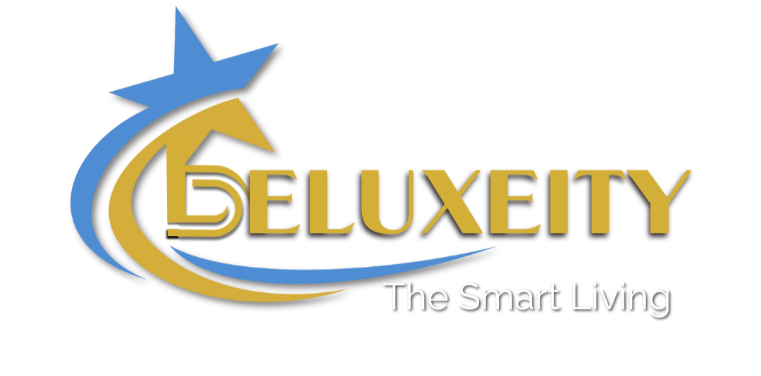Logo of Deluxeity with a blue and gold design on a white background