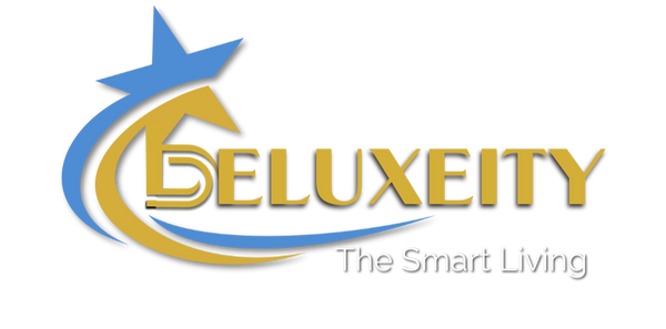 Logo of Deluxeity with a blue and gold design on a white background