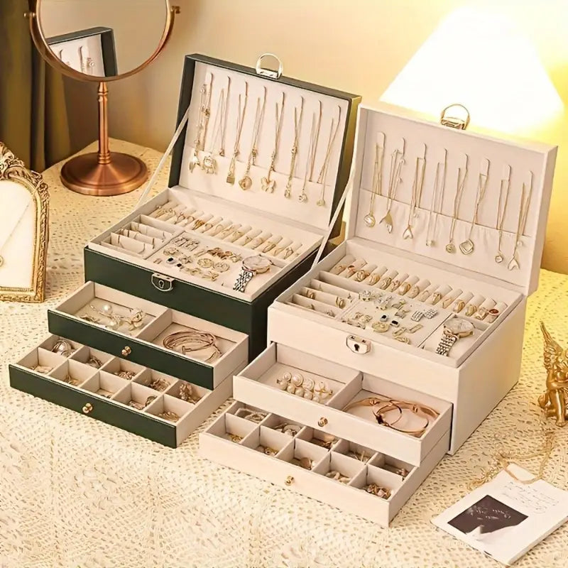 Layers Elegant Faux Leather Jewelry Box with Lock – Large Capacity Organizer with Removable Trays & Soft Drawers