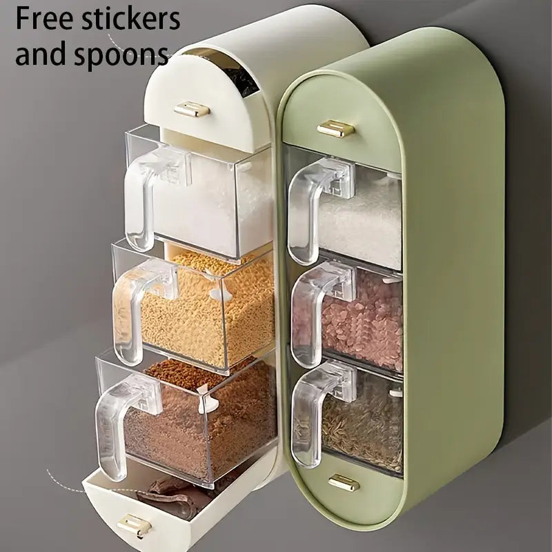 Mounted Spice Rack – No-Drill Kitchen Organizer with 5 Compartments, Clear Lids & Spoons