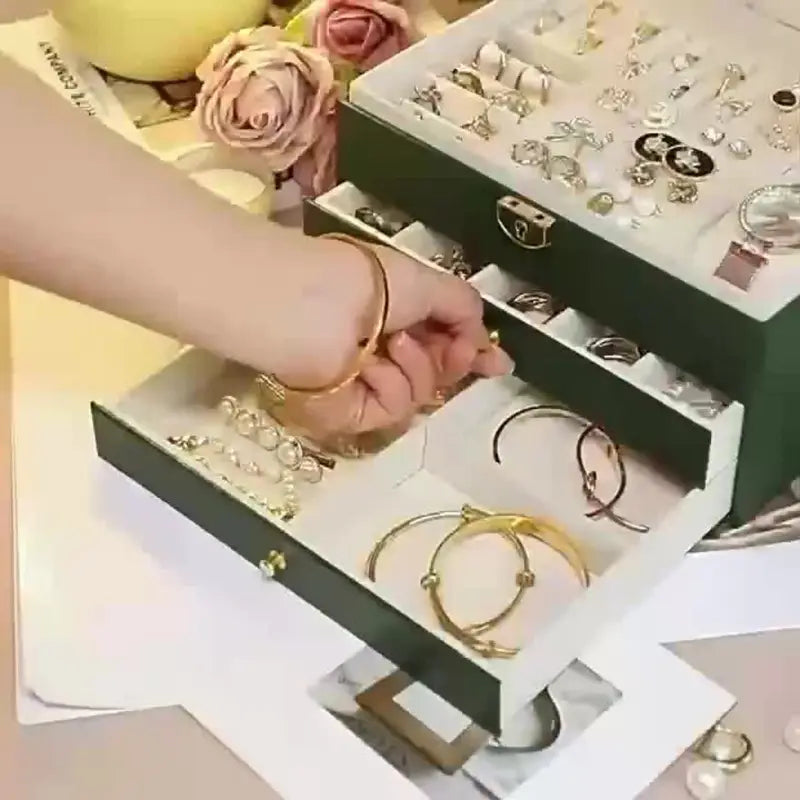 Layers Elegant Faux Leather Jewelry Box with Lock – Large Capacity Organizer with Removable Trays & Soft Drawers